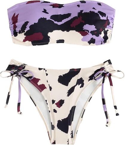 Floerns Women's Cow Print Strapless Bandeau with Tie Side Thong Two Piece Bathing Suit in Kuwait