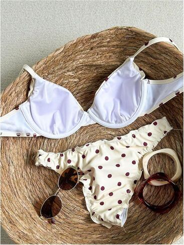 GORGLITTER Women's Push Up Polka Dots Bikini Underwire Bathing Suit Frill Trim Low Rise Brazilian Swimsuit in Kuwait