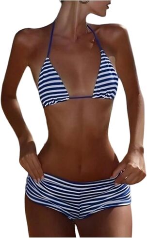 SOLY HUX Women's Striped Swimsuit 3 Piece Halter Triangle Tie Side String Bikini Set Bathing Suit with Beach Shorts in Kuwait