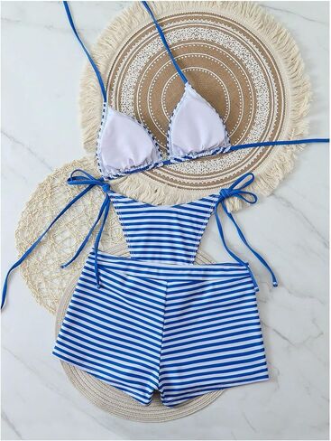 SOLY HUX Women's Striped Swimsuit 3 Piece Halter Triangle Tie Side String Bikini Set Bathing Suit with Beach Shorts in Kuwait