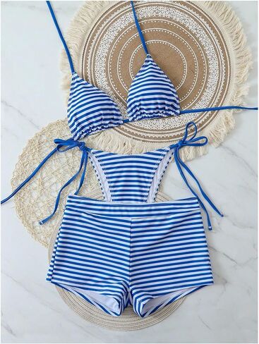 SOLY HUX Women's Striped Swimsuit 3 Piece Halter Triangle Tie Side String Bikini Set Bathing Suit with Beach Shorts in Kuwait