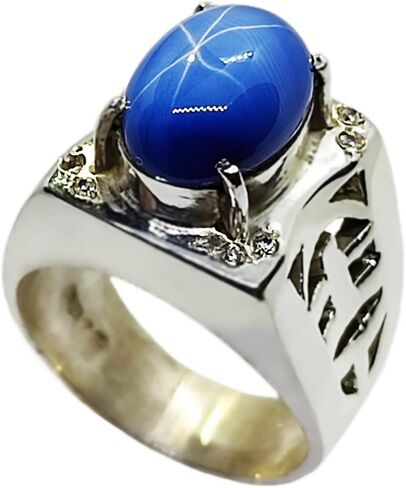 Natural 8 Carat Blue Sapphire Star Mens Lattice Ring Sterling Silver 925 Handmade Star Sapphire Ring Gift for Him Anniversary Ring in Kuwait