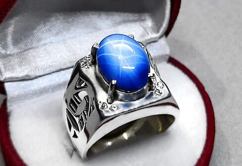 Natural 8 Carat Blue Sapphire Star Mens Lattice Ring Sterling Silver 925 Handmade Star Sapphire Ring Gift for Him Anniversary Ring in Kuwait