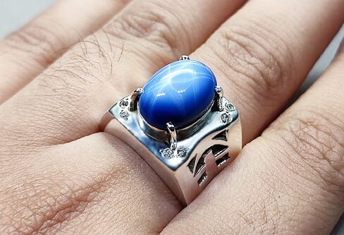 Natural 8 Carat Blue Sapphire Star Mens Lattice Ring Sterling Silver 925 Handmade Star Sapphire Ring Gift for Him Anniversary Ring in Kuwait