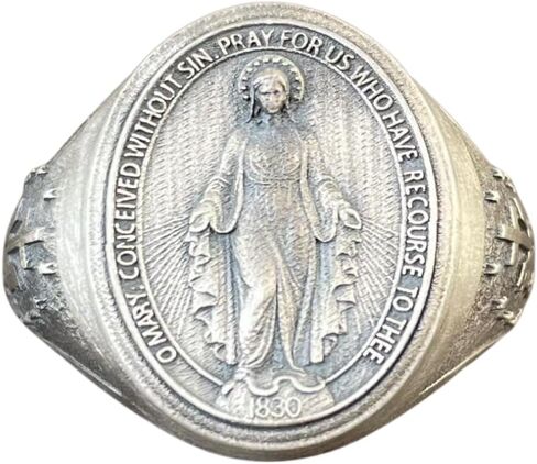 Virgin Mary Miraculous Medal Signet Ring, 925 Sterling Silver, Unisex, Classic, Band-Style, US Size 12 in Saudi Arabia