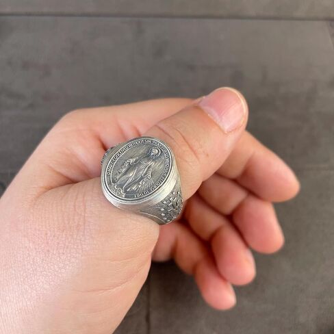 Virgin Mary Miraculous Medal Signet Ring, 925 Sterling Silver, Unisex, Classic, Band-Style, US Size 12 in Saudi Arabia
