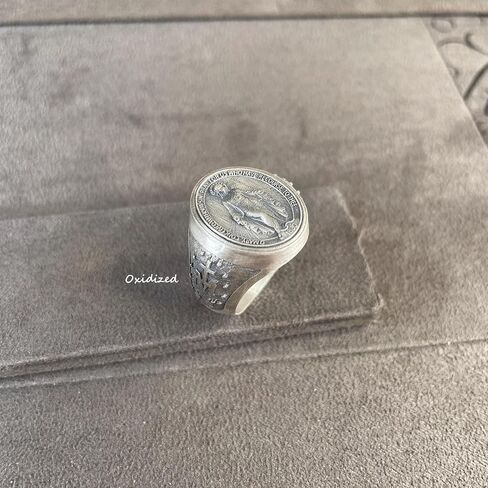 Virgin Mary Miraculous Medal Signet Ring, 925 Sterling Silver, Unisex, Classic, Band-Style, US Size 12 in Saudi Arabia