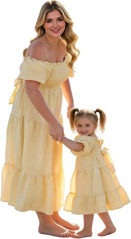 Awoscut Mother Daughter Matching Dresses Ruffled Hem Short Sleeves A-Line Summer Mommy and Me Maxi Dresses in Saudi Arabia