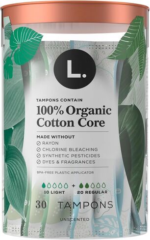 L. Cotton Tampons Light/Regular Absorbency Multipack, Free from Chlorine Bleaching, Pesticides, Fragrances, or Dyes, 30 Count in Kuwait