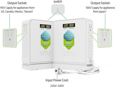 UMI Step Down Voltage Converter 800 Watts 220V to 110V for US Canada Japan Electrical Appliances Use in Europe and Asia 220-240v Power System - Adopt Toroidal Transformer - Stable and Safe in Saudi Arabia