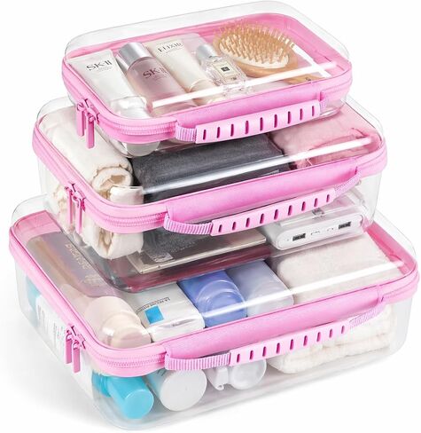 Clear Hard Shell Zipper Case, 3 Pack Large Capacity | Toiletry Organizer, With Handle, Crush-Resistant, For Cosmetics, Bathroom Essentials and Accessories in Kuwait