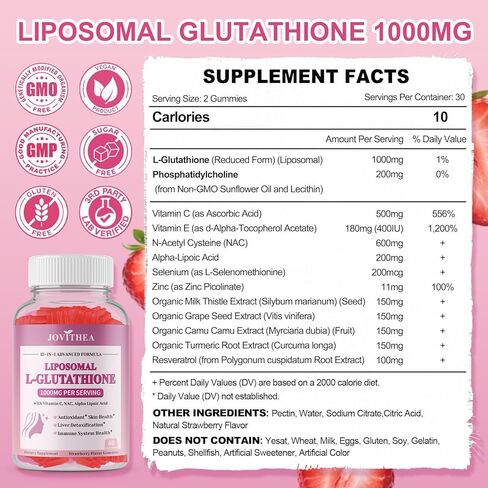 Liposomal Glutathione Gummies 1000mg, High Absorption Glutathione Supplement with Vitamin C, NAC, Milk Thistle for Skin Health, Liver Detox & Immune, Vegan, Sugar Free, Strawberry Flavor, 60 Count in Saudi Arabia
