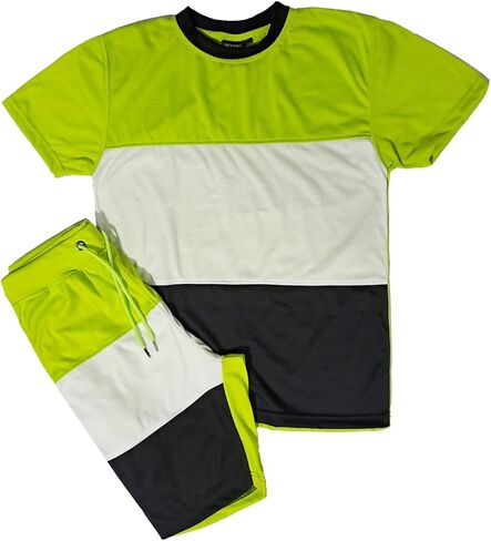 MEN 2-PIECE CREW NECK COLOR BLOCK COLORFUL SHORT SET MATCHING SUMMER (#222) in Saudi Arabia