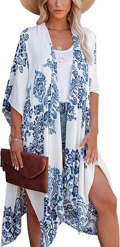 Moss Rose Women's Beach Cover up Swimsuit Kimono with Bohemian Floral Print, Loose Casual Resort Wear in Kuwait
