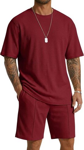 COOFANDY Mens 2 Pieces Outfits Casual Cotton T Shirt and Shorts Set Summer Short Sleeve Waffle Tracksuits in Saudi Arabia