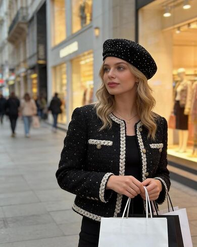 Women Shiny Rhinestone French Black Beret Hat Bling Bling Artist Causal Beanie Cap in Saudi Arabia