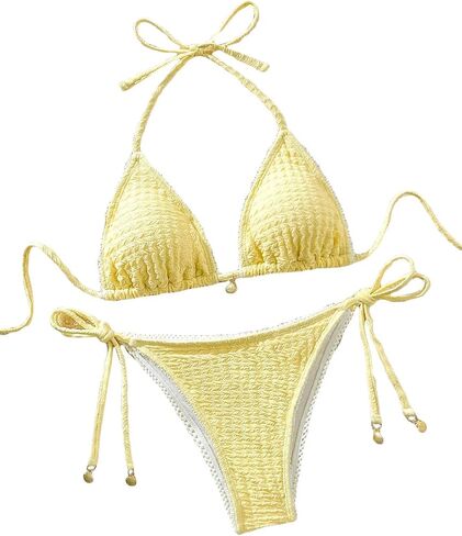 Women's Lace Trim Cute Bathing Suit Halter Jacquard Summer Swimsuit Bikini Set in Kuwait