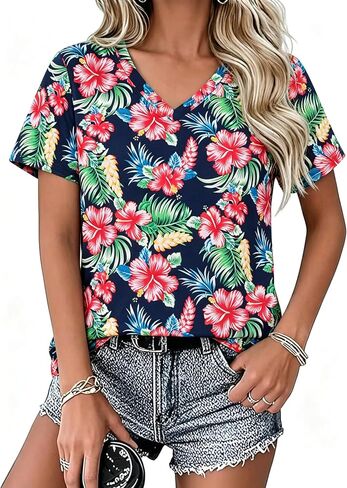 Women Hawaiian Shirt Soft Cool Summer Hawaii Tshirts Floral Tropic Print V Neck Short Sleeve Beach Tee Tops in Kuwait