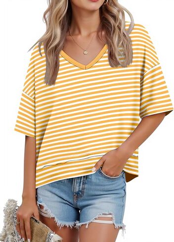 Womens Summer Tops V Neck Short Sleeve Casual Loose Fit Flowy Basic Tees Cute Lightweight T Shirts S-3XL in Saudi Arabia
