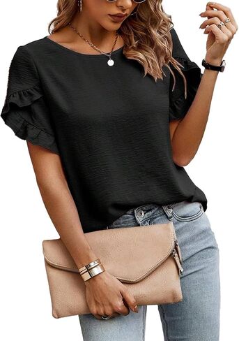Women's Casual Ruffle Short Flared Sleeve Soft Lightweight Blouse, Round Neck, Perfect for Daily Wear & Summer Outfits in Saudi Arabia