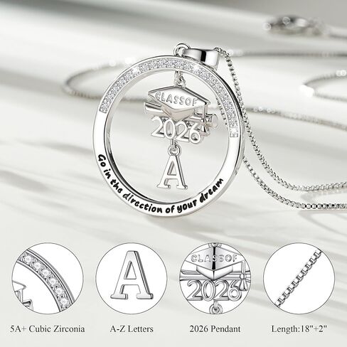 Ritach Graduation Gift for Her - Class of 2026 Graduation Cap Initial Necklace Silver Cubic Zirconia Graduation Necklace Masters Degree High School College Graduation Gift for Her in Saudi Arabia