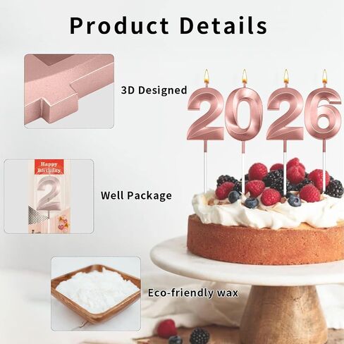 Graduation Candle 2026, 4 Pcs 3D Visual 2026 ose Gold Number Candles for Graduation Cake Decorations, Class of 2026 Cake Topper, 20, 22, 26, 60, 62 Birthday Candles Happy Birthday Cake Toppers in Saudi Arabia