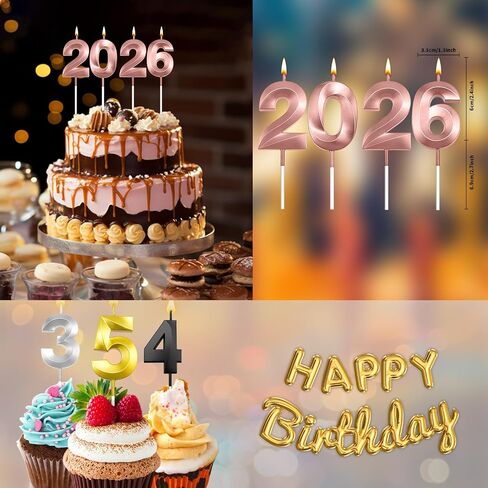 Graduation Candle 2026, 4 Pcs 3D Visual 2026 ose Gold Number Candles for Graduation Cake Decorations, Class of 2026 Cake Topper, 20, 22, 26, 60, 62 Birthday Candles Happy Birthday Cake Toppers in Saudi Arabia