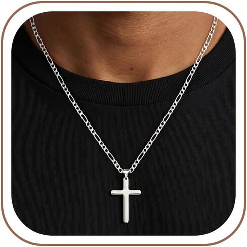 HIMSTORY 925 Sterling Silver Cross Necklace for Men Women, 3.5MM Diamond Cut Figaro Chain Silver Cross Pendant Necklace Christian Gifts for Boyfriend Father Husband in Saudi Arabia
