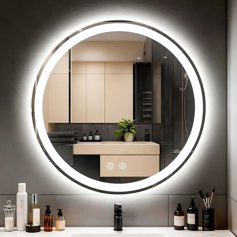 LTFUUAI 24" Round LED Bathroom Mirror with Lights, Smart Touch 3-Color Dimming Lighted Vanity Mirror wall Mounted, Anti-Fog Shatterproof with Front & Back Light, for Bathroom Vanity in Saudi Arabia