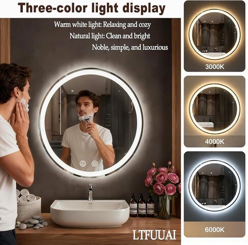 LTFUUAI 24" Round LED Bathroom Mirror with Lights, Smart Touch 3-Color Dimming Lighted Vanity Mirror wall Mounted, Anti-Fog Shatterproof with Front & Back Light, for Bathroom Vanity in Saudi Arabia