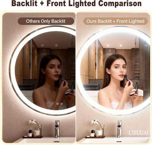 LTFUUAI 24" Round LED Bathroom Mirror with Lights, Smart Touch 3-Color Dimming Lighted Vanity Mirror wall Mounted, Anti-Fog Shatterproof with Front & Back Light, for Bathroom Vanity in Saudi Arabia