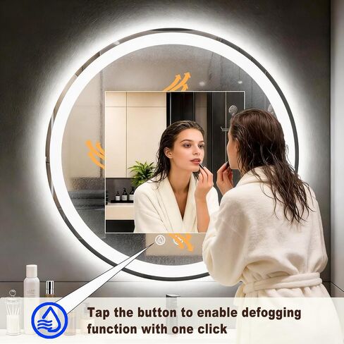 LTFUUAI 24" Round LED Bathroom Mirror with Lights, Smart Touch 3-Color Dimming Lighted Vanity Mirror wall Mounted, Anti-Fog Shatterproof with Front & Back Light, for Bathroom Vanity in Saudi Arabia