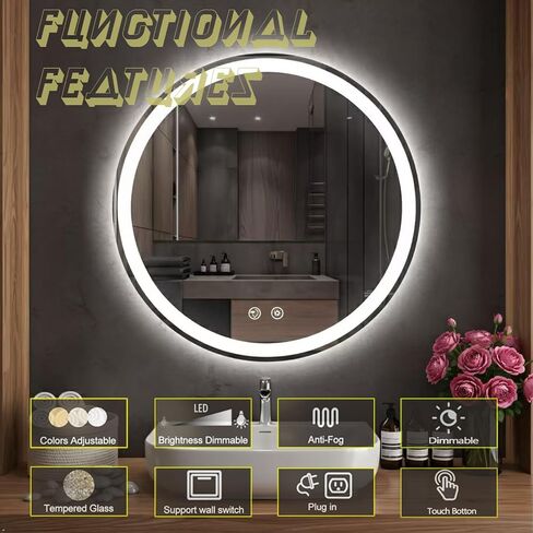 LTFUUAI 24" Round LED Bathroom Mirror with Lights, Smart Touch 3-Color Dimming Lighted Vanity Mirror wall Mounted, Anti-Fog Shatterproof with Front & Back Light, for Bathroom Vanity in Saudi Arabia
