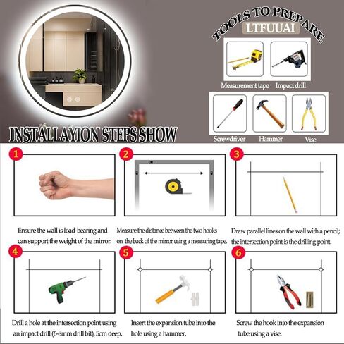 LTFUUAI 24" Round LED Bathroom Mirror with Lights, Smart Touch 3-Color Dimming Lighted Vanity Mirror wall Mounted, Anti-Fog Shatterproof with Front & Back Light, for Bathroom Vanity in Saudi Arabia