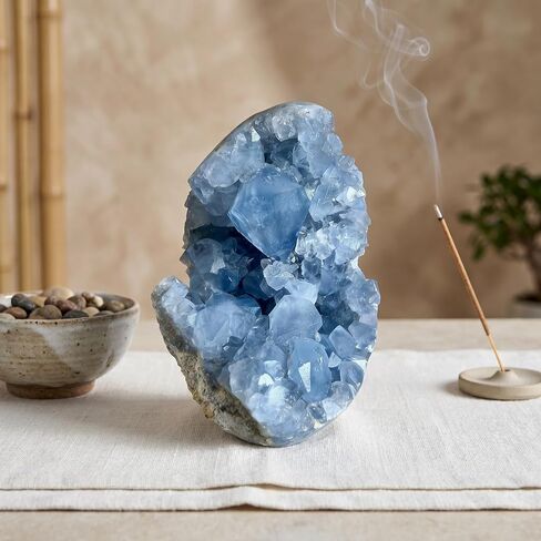 Large 2.2-2.6lb Raw Celestite Crystal Cluster Geode Egg - Natural Crystal for Home/Office Decor Healing Crystal Christmas Gift Natural Crystal Stone (1000-1200g, 10-20cm) in Saudi Arabia