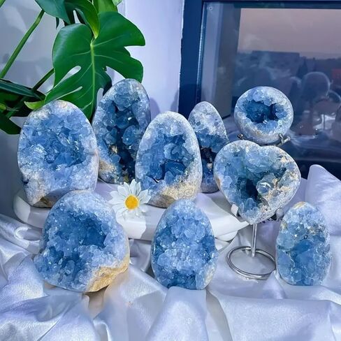 Large 2.2-2.6lb Raw Celestite Crystal Cluster Geode Egg - Natural Crystal for Home/Office Decor Healing Crystal Christmas Gift Natural Crystal Stone (1000-1200g, 10-20cm) in Saudi Arabia