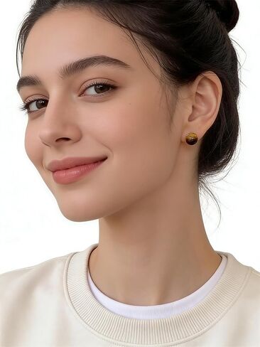 10mm Round Natural Brown Gemstone Stud Earrings, S925 Silver Posts Hypoallergenic for Women in Saudi Arabia
