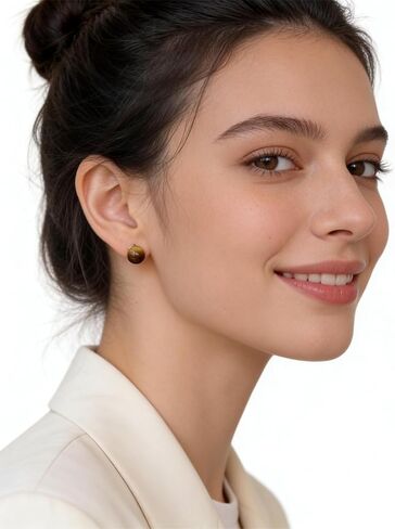 10mm Round Natural Brown Gemstone Stud Earrings, S925 Silver Posts Hypoallergenic for Women in Saudi Arabia