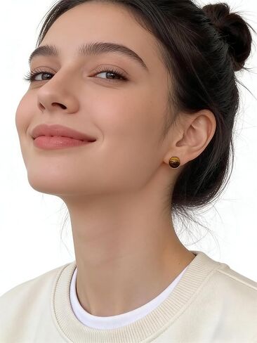10mm Round Natural Brown Gemstone Stud Earrings, S925 Silver Posts Hypoallergenic for Women in Saudi Arabia