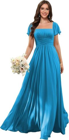 Flutter Sleeves Bridesmaid Dresses Square Neck Chiffon Maxi Dress A Line Formal Dress with Pocket ZU022 in Saudi Arabia