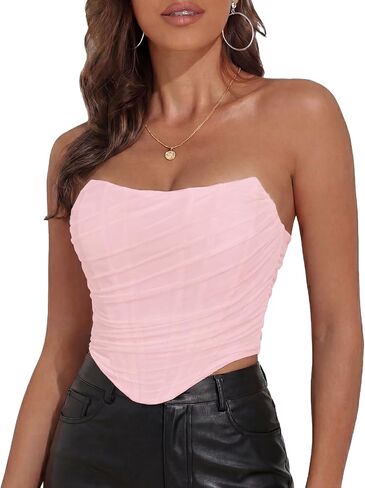 Amy Babe Vintage Mesh Corset Top for Women Overbust Strapless Zip Back Boned Outfits Bodyshaper Going Out Bustier Crop Tops in Saudi Arabia