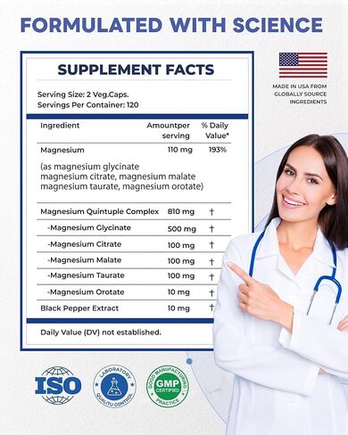 820mg Magnesium Complex 240 Veggie Capsules,for Women & Men with Magnesium Glycinate,Citrate, Malate,Taurate & Orotate for Sleep, Mood, Muscle Relaxation & Nerve Function Vegan Friendly, Non-GMO in Saudi Arabia