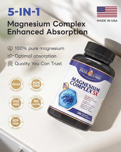 820mg Magnesium Complex 240 Veggie Capsules,for Women & Men with Magnesium Glycinate,Citrate, Malate,Taurate & Orotate for Sleep, Mood, Muscle Relaxation & Nerve Function Vegan Friendly, Non-GMO in Saudi Arabia