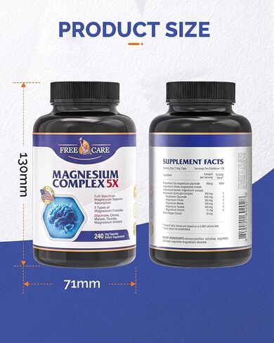 820mg Magnesium Complex 240 Veggie Capsules,for Women & Men with Magnesium Glycinate,Citrate, Malate,Taurate & Orotate for Sleep, Mood, Muscle Relaxation & Nerve Function Vegan Friendly, Non-GMO in Saudi Arabia