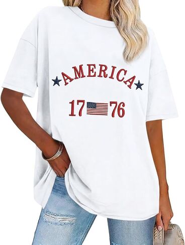 4th of July Shirts Women Embroidered 1776 American Flag Shirt 2026 Patriotic Shirts Oversized Short Sleeve Tee Tops in Saudi Arabia