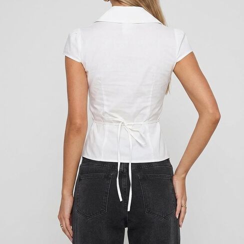 Women Button Down Shirts Y2k Slim Fit Cap Short Sleeve Button Up Collared Cropped Blouse Cute Preppy Tops in Saudi Arabia