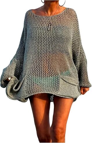 SOLY HUX Women's Plus Size Crochet Swim Cover Up Long Sleeve Hollow Out Knit Bathing Suit Swimsuit with Pockets in Kuwait