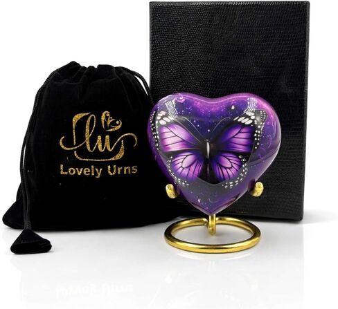 Butterfly Heart Keepsake Urn for Ashes – Small Cremation Urn for Human & Pet Ashes, Purple Metal Memorial Ash Holder with Velvet Bag & Display Stand, 3 Cu in in Kuwait