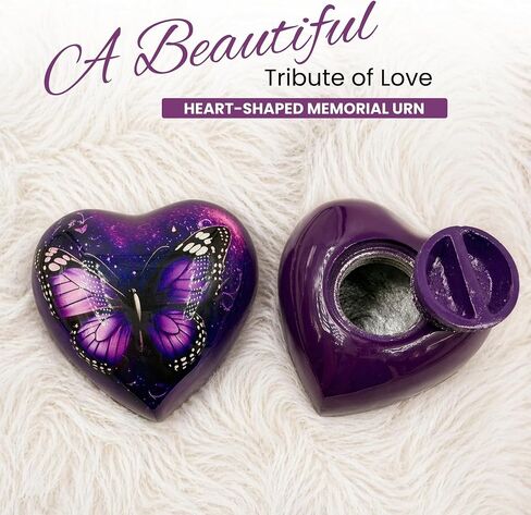 Butterfly Heart Keepsake Urn for Ashes – Small Cremation Urn for Human & Pet Ashes, Purple Metal Memorial Ash Holder with Velvet Bag & Display Stand, 3 Cu in in Kuwait