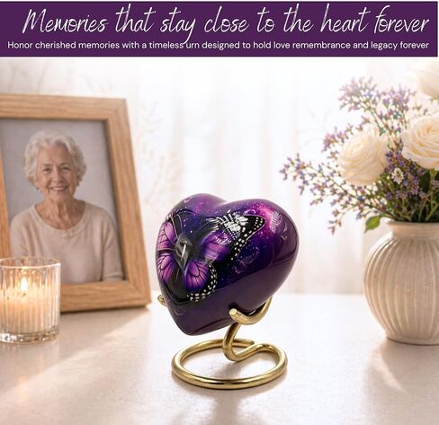 Butterfly Heart Keepsake Urn for Ashes – Small Cremation Urn for Human & Pet Ashes, Purple Metal Memorial Ash Holder with Velvet Bag & Display Stand, 3 Cu in in Kuwait